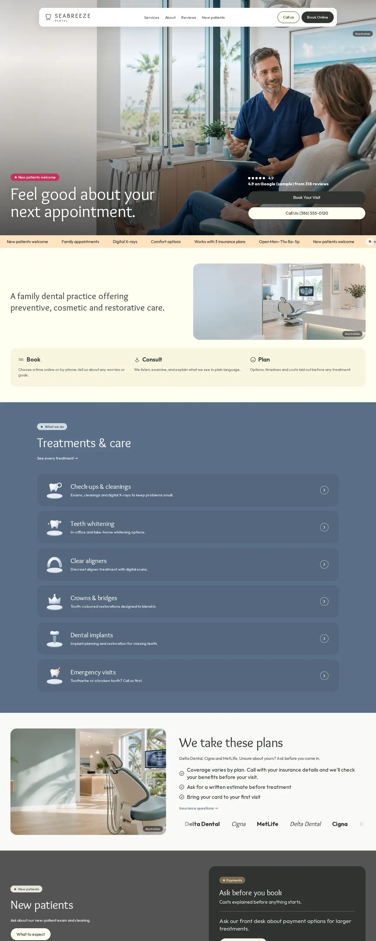 A dental practice website built with MDML, for a sample business