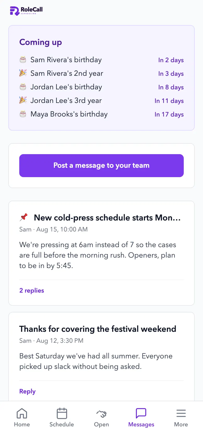 Team messages and upcoming birthdays in RoleCall on iPhone