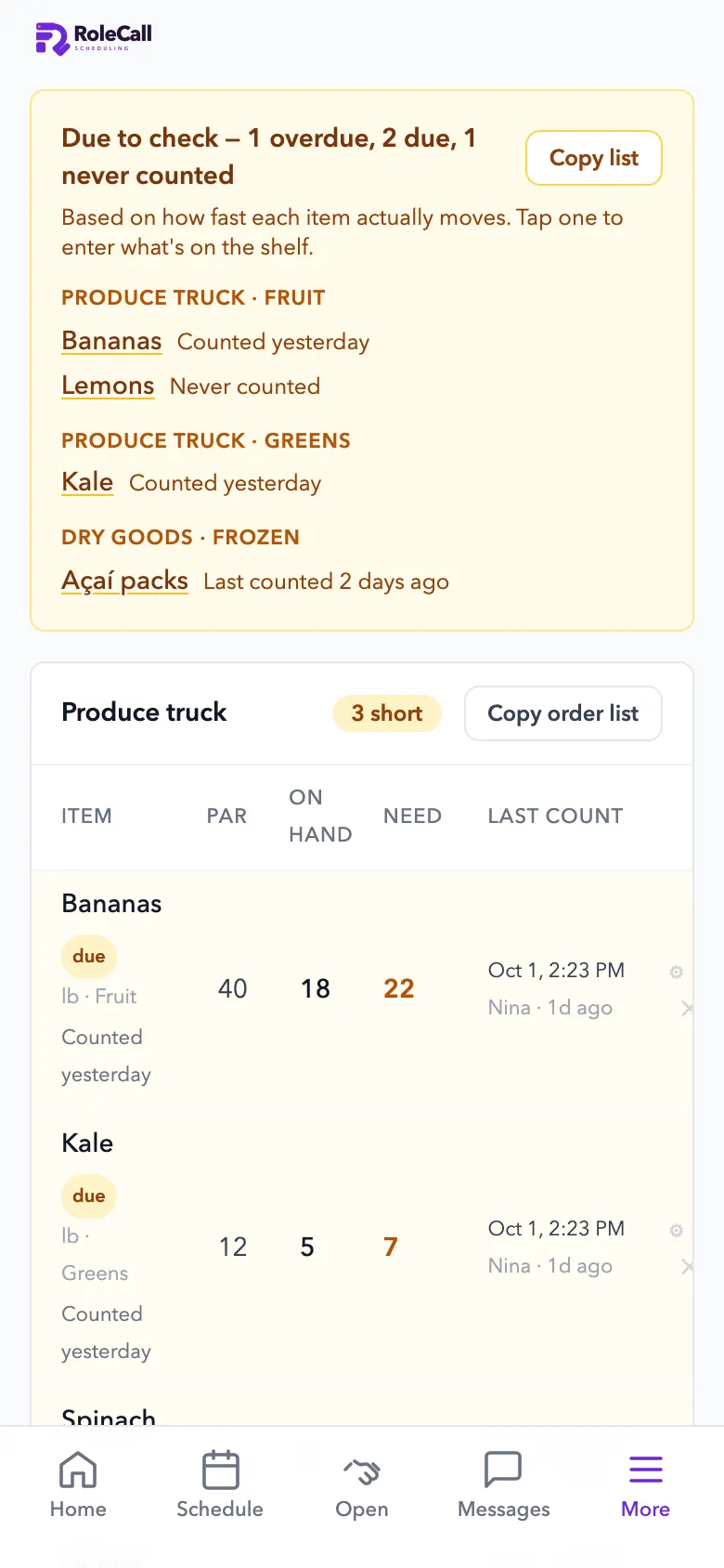 The par sheet on iPhone: what's due to count, and the produce order with par, on hand and need
