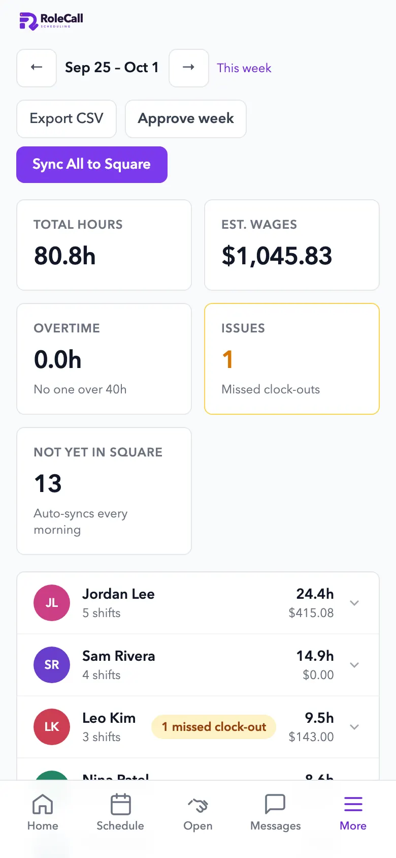Timesheets on iPhone: total hours, estimated wages, overtime and a sync to Square