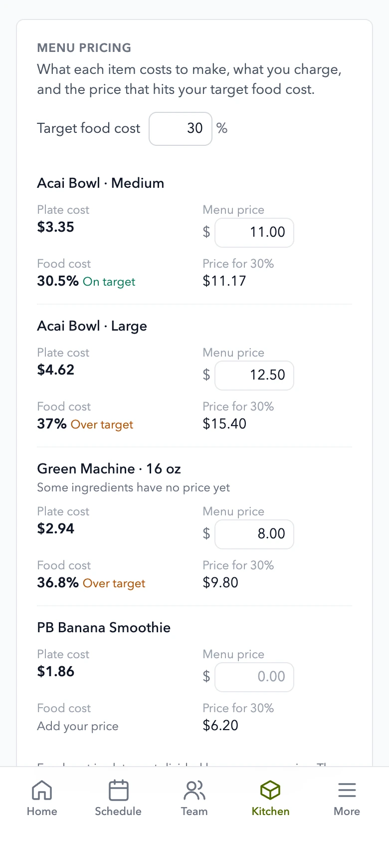 Free menu pricing in RoleCall: plate cost, typed menu price, food-cost percent and suggested price for an invented café