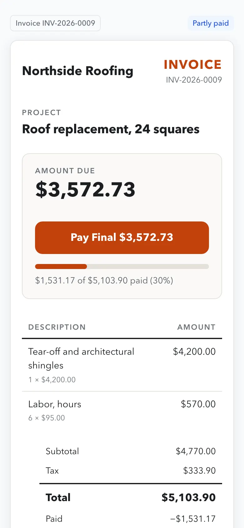An invoice on the customer's phone: amount due, a Pay button and the payment schedule