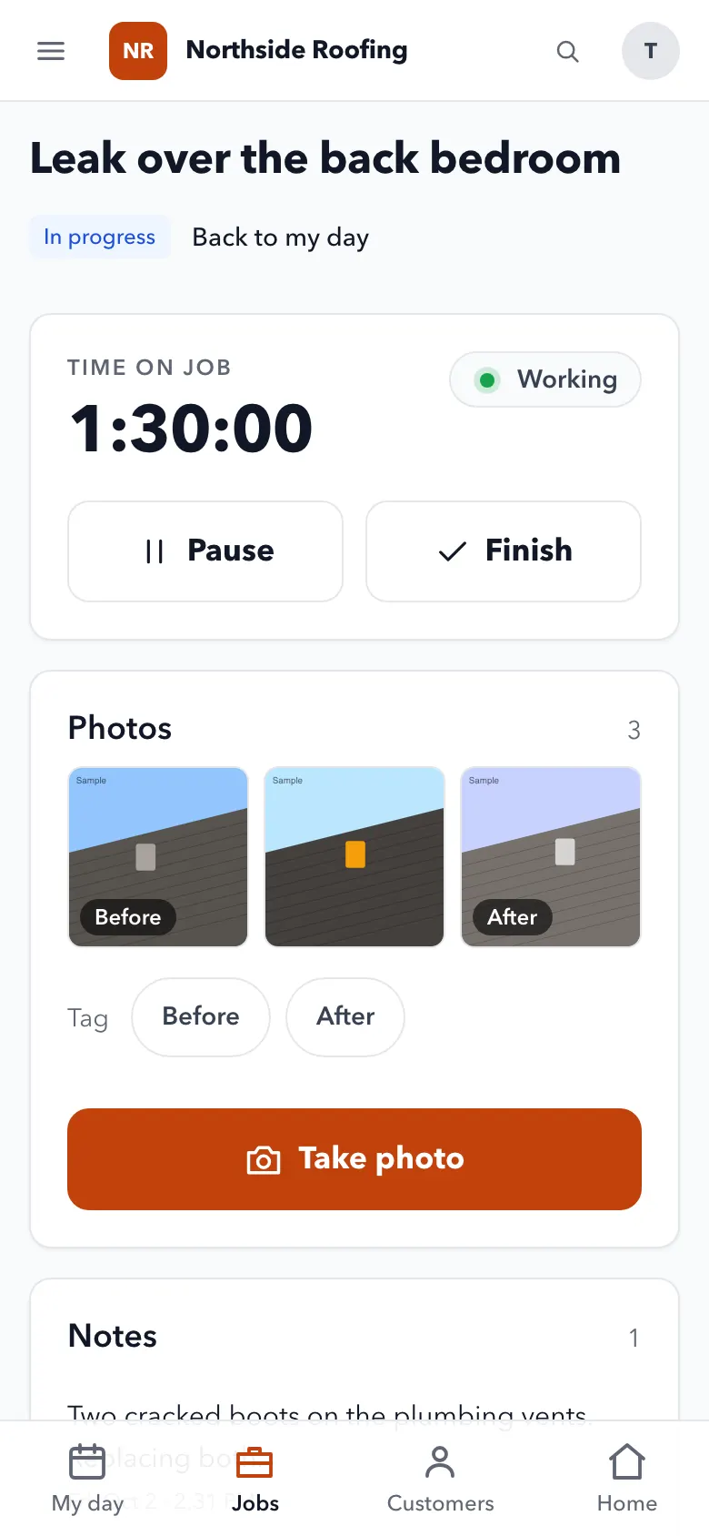 A job on iPhone: time on the job, Pause and Finish, and before and after photos
