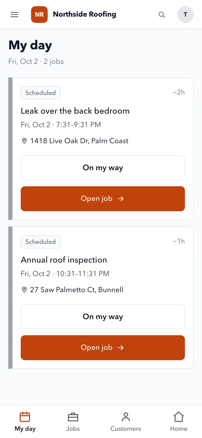 A technician's day on iPhone, with On my way and Open job buttons