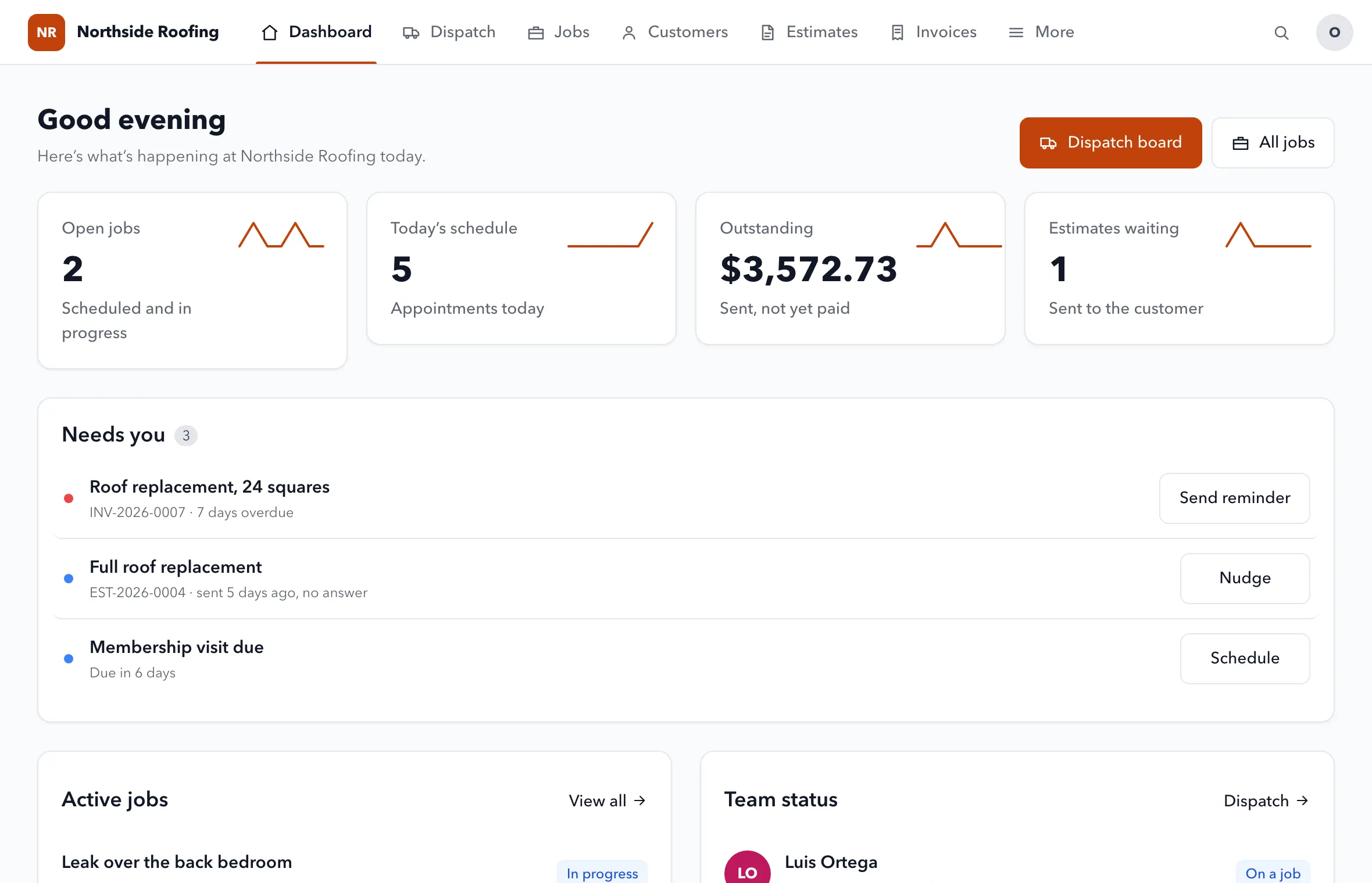 The trades dashboard: open jobs, outstanding money and a Needs-you list with one button each