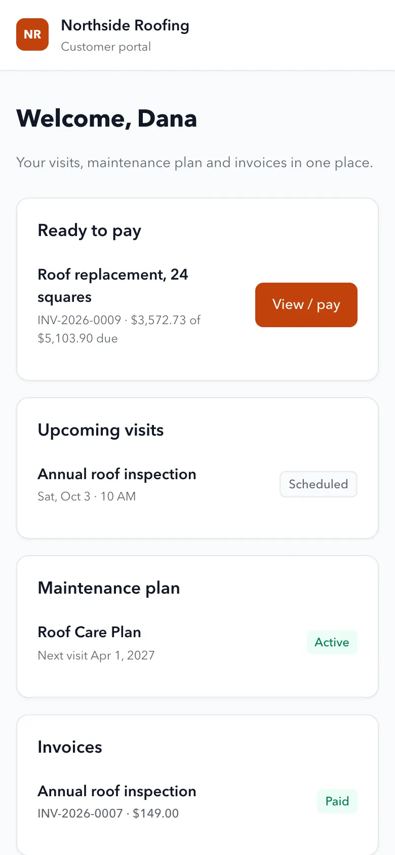 The customer portal: an invoice to pay, upcoming visits and the maintenance plan