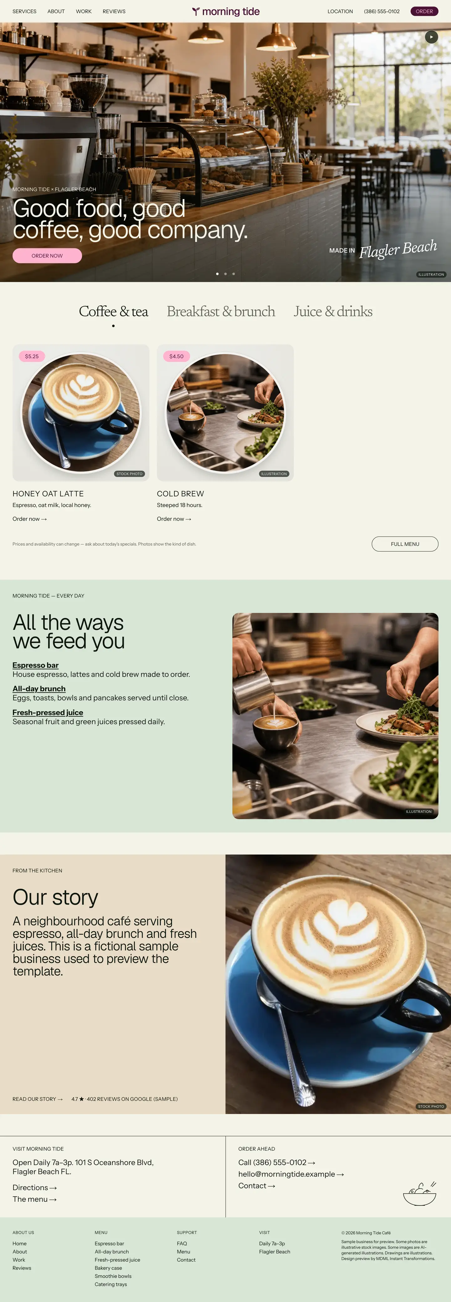 The website of Morning Tide, a sample café, built with MDML