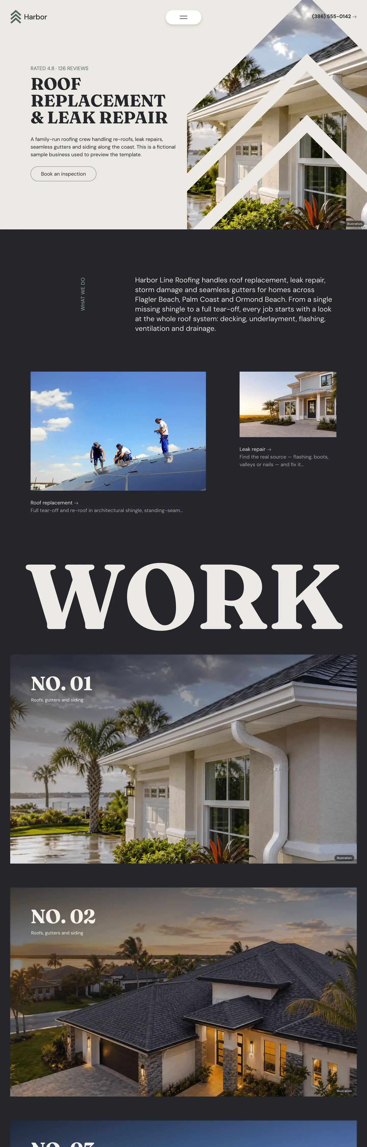 A roofing company's website built with MDML, for a sample business