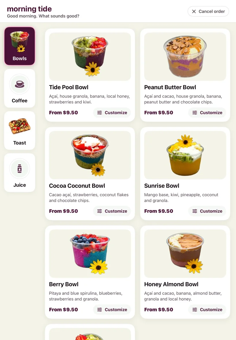 The Morning Tide self-order kiosk menu on iPad