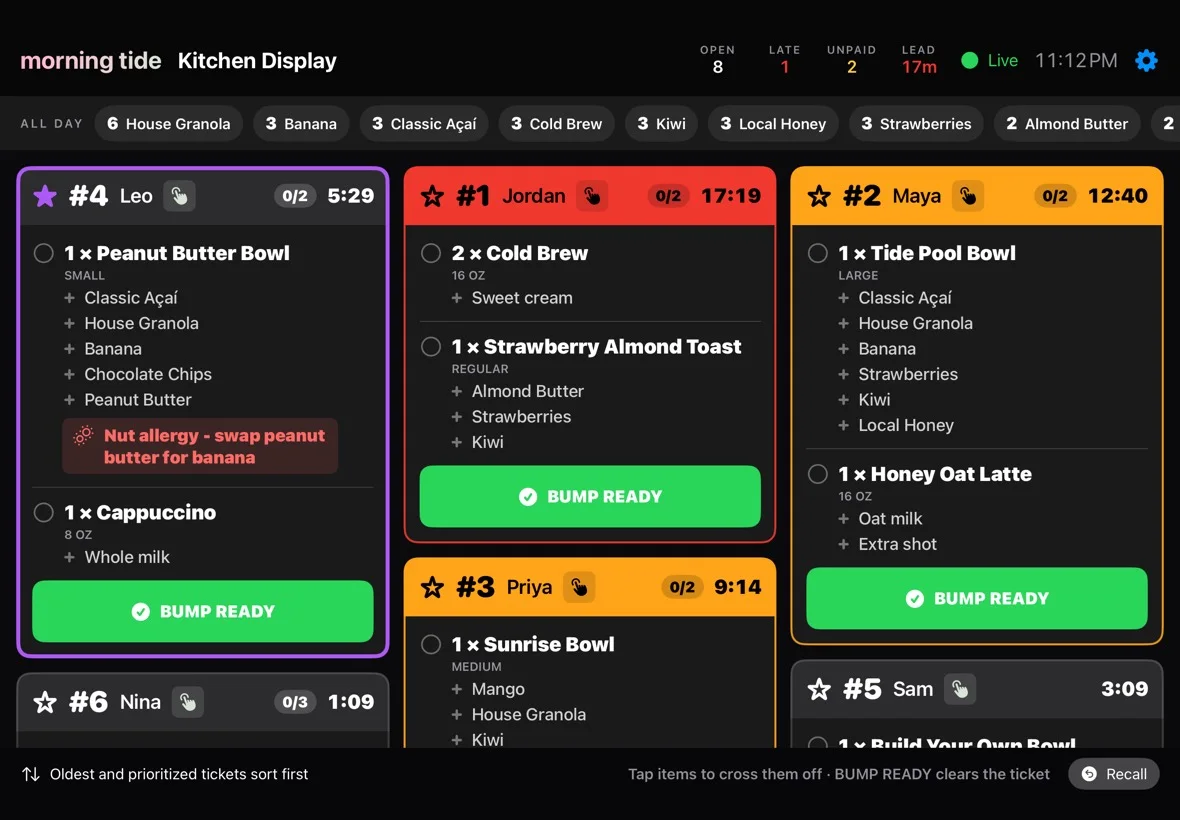 The kitchen display on iPad: tickets with timers, items to tap off and BUMP READY