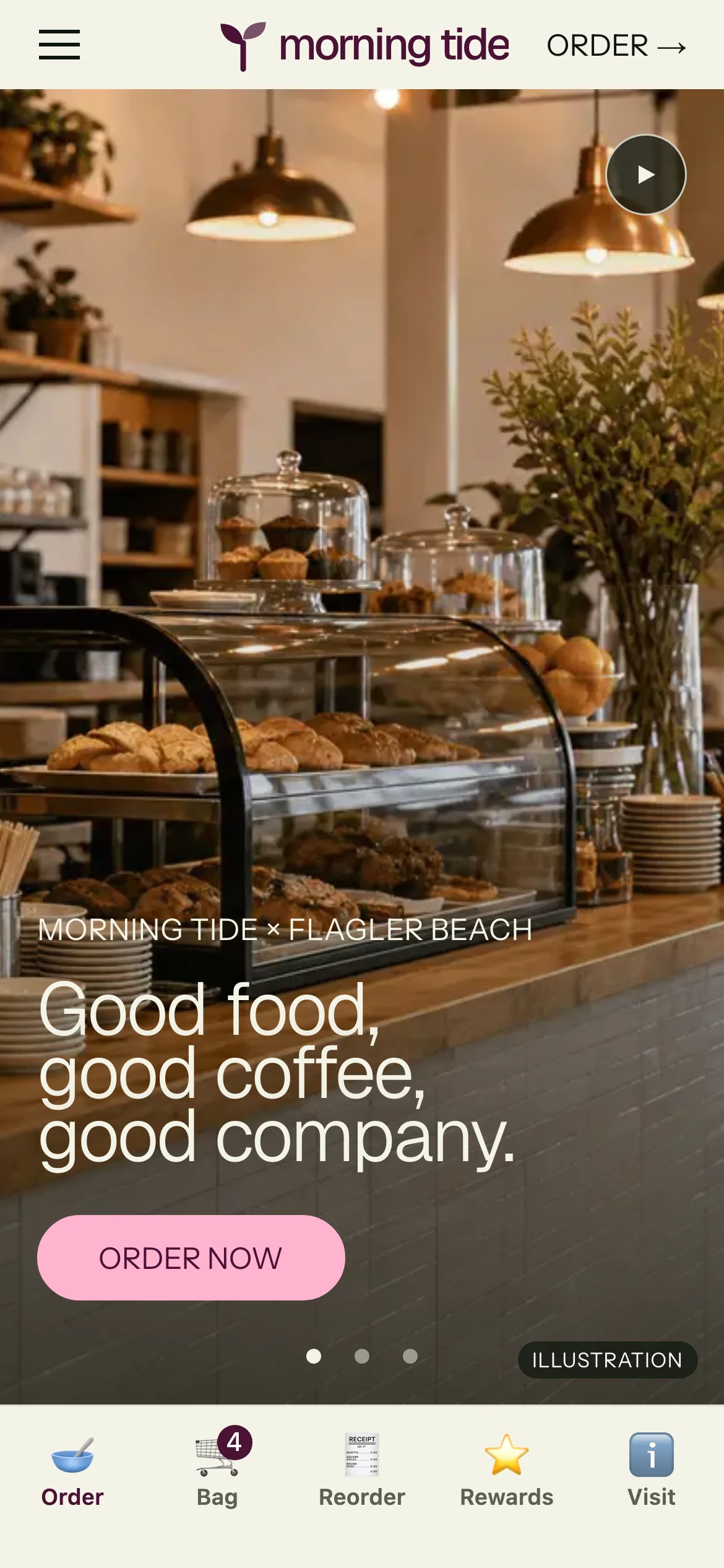 The Morning Tide ordering app on iPhone: order button, bag and rewards tabs