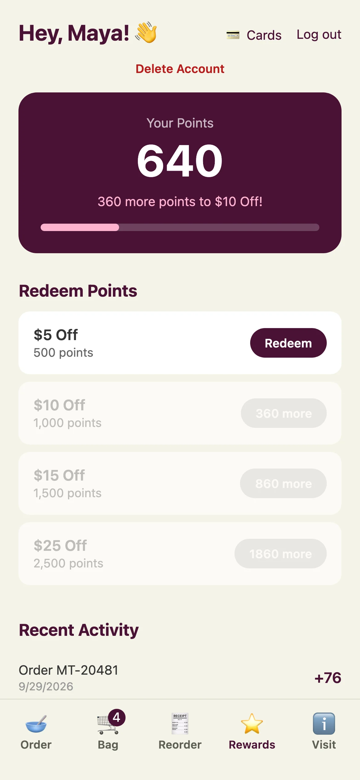 Rewards in the Morning Tide app: 640 points and rewards to redeem