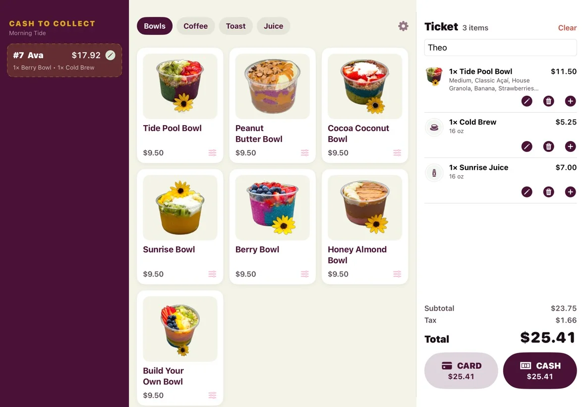 The register on iPad: a ticket with card and cash buttons side by side, and kiosk cash orders to collect