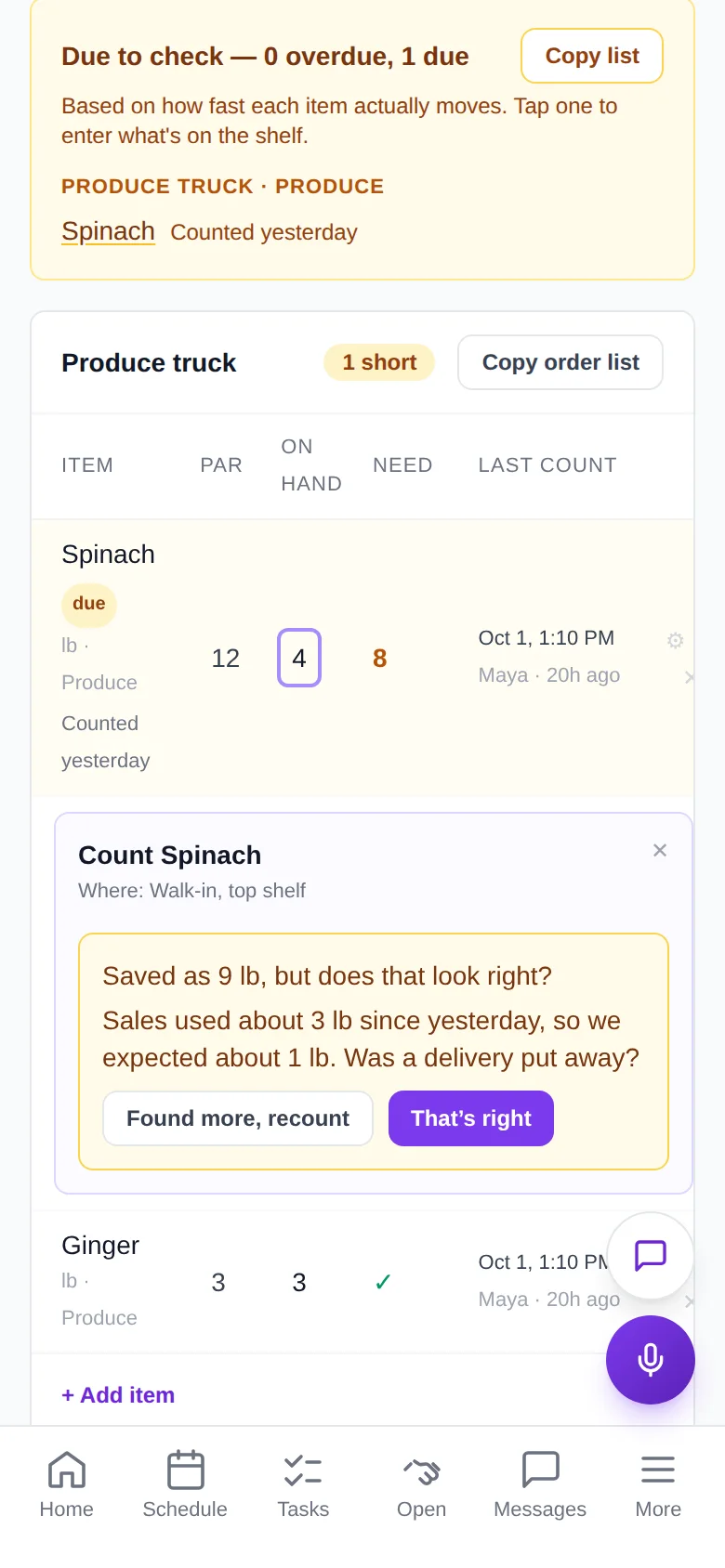 Counting spinach on iPhone: the app asks whether 9 lb looks right, since sales used about 3 lb since yesterday