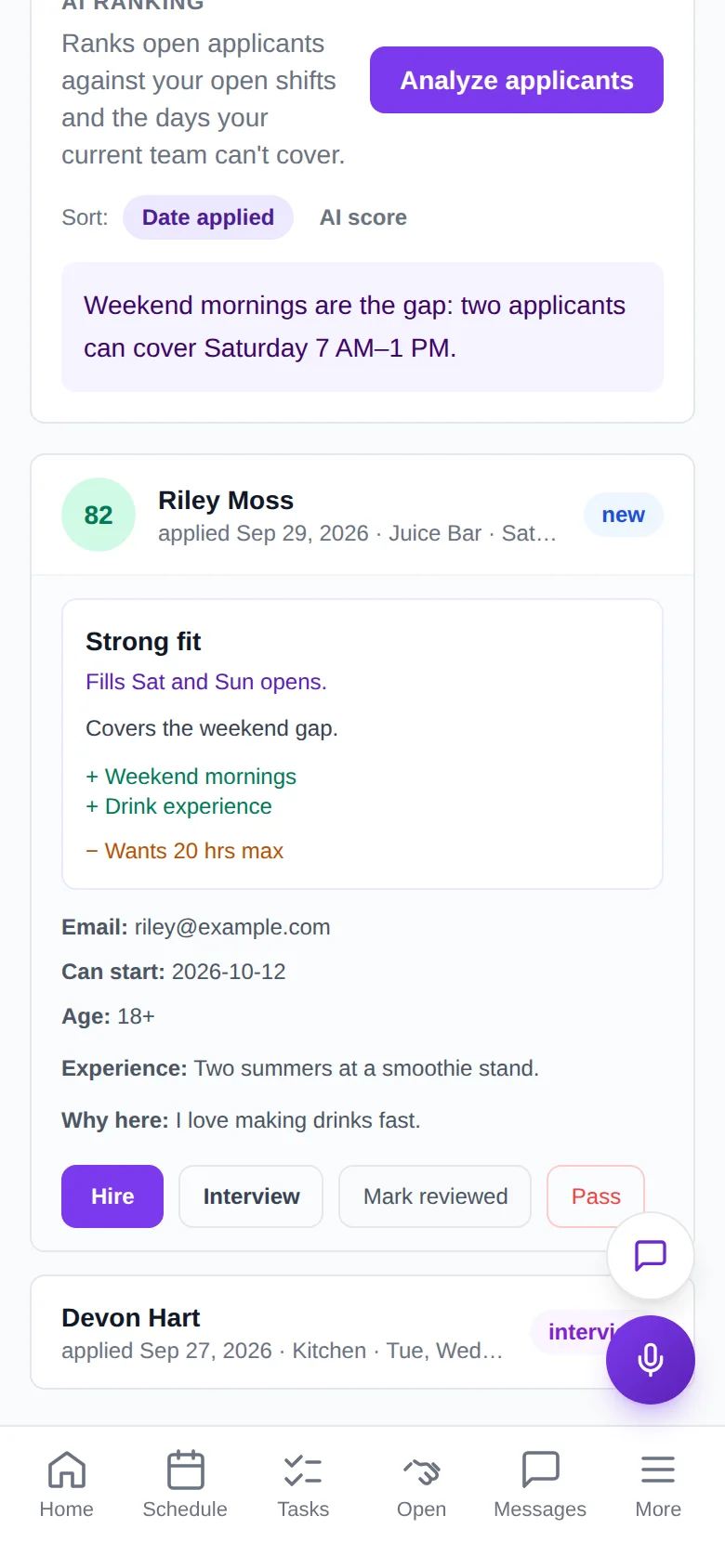 Applicants on iPhone, ranked by AI against the open shifts, with a one-tap Hire button