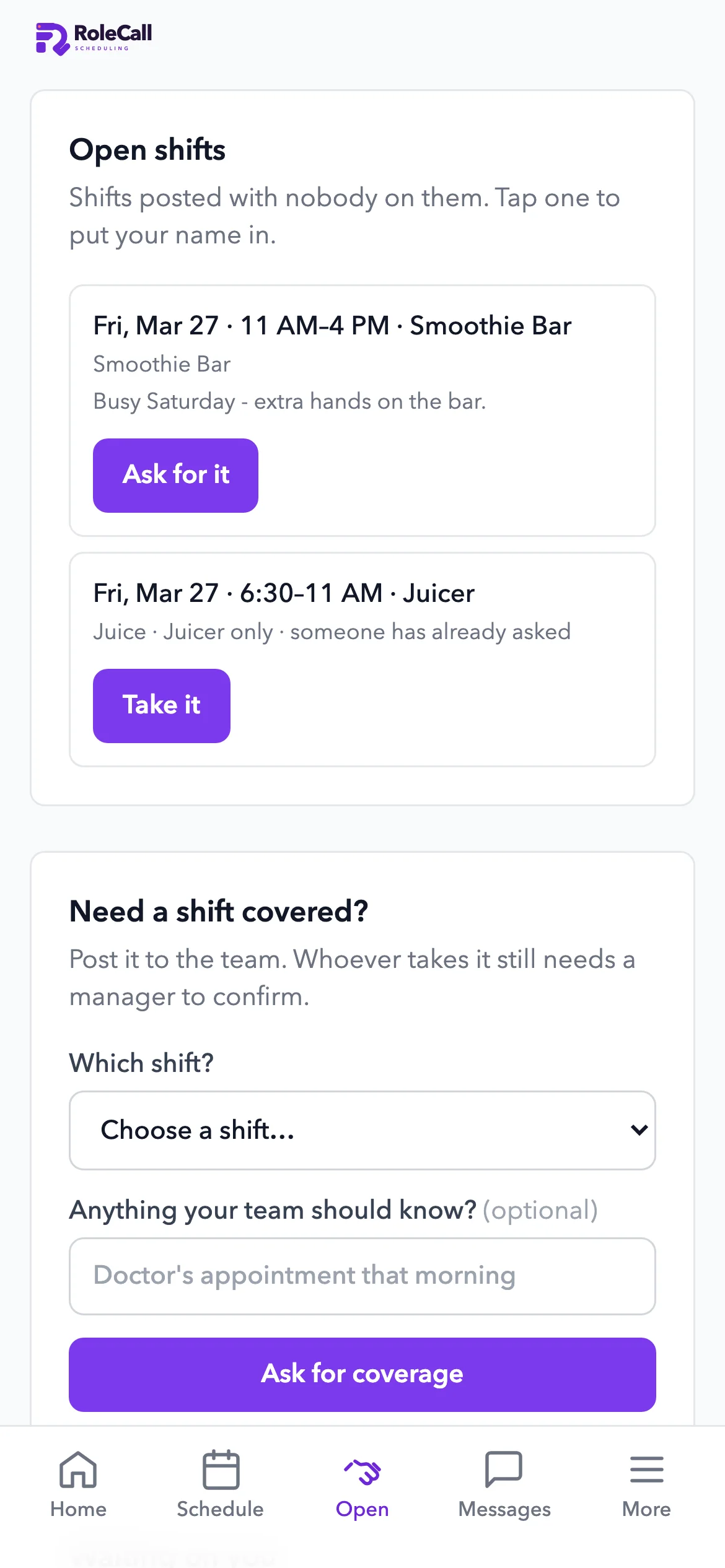 Open shifts on iPhone that staff can claim, and a request for cover