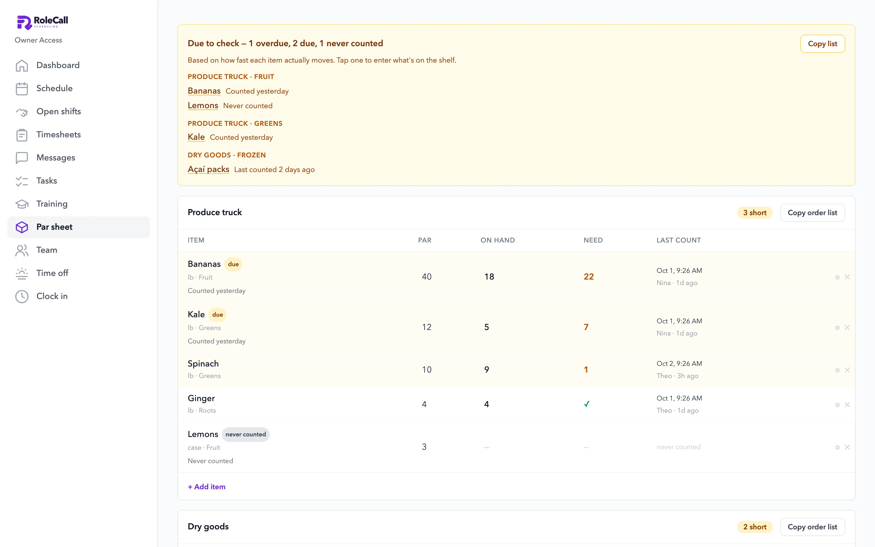 The par sheet in a browser: items due to count and a produce order list