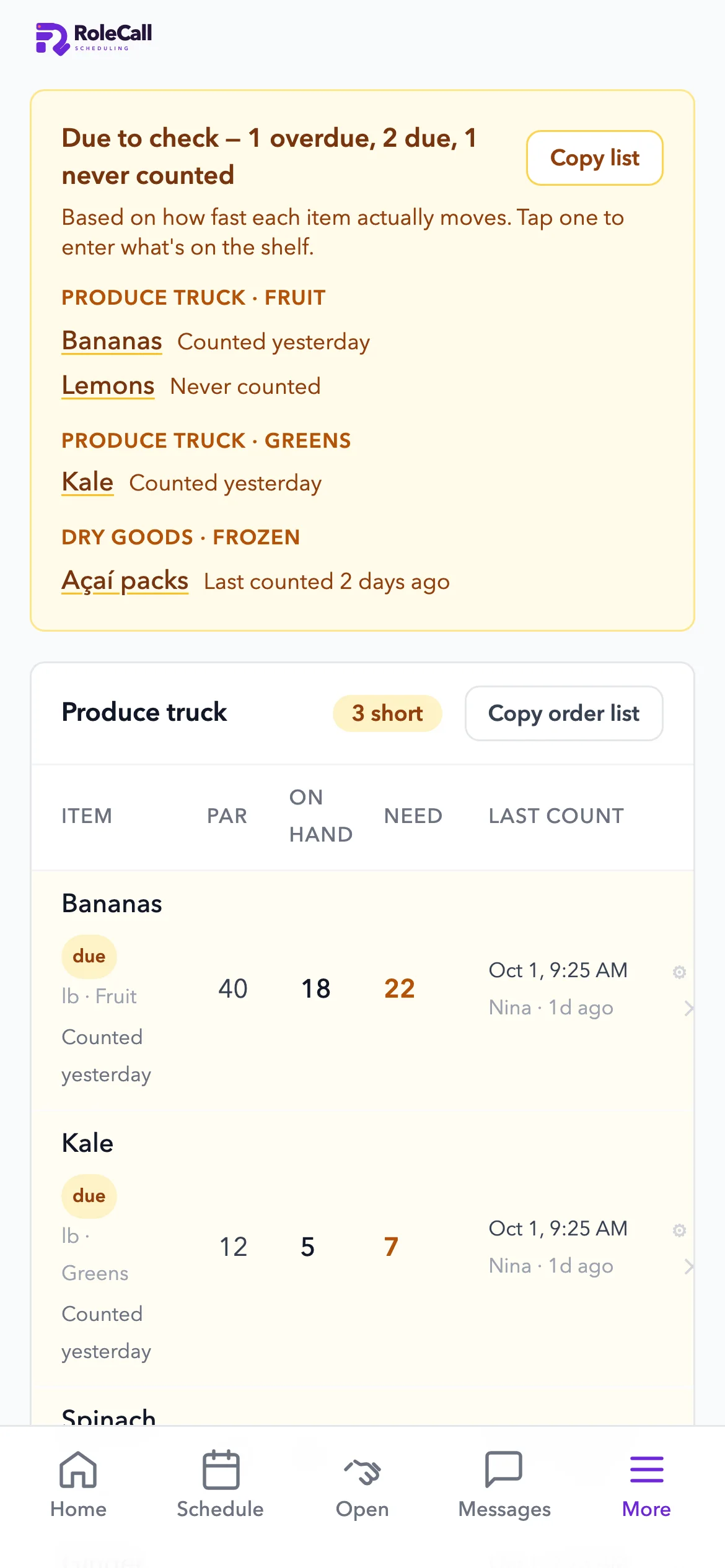 The par sheet on iPhone: what's due to count, and the produce order with par, on hand and need