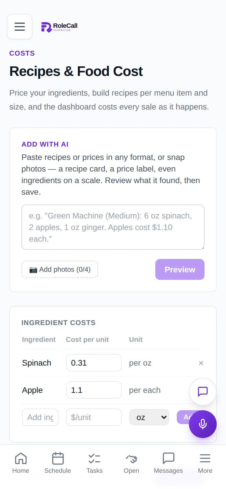 Recipes and food cost on iPhone, with ingredients added from a photo or pasted text