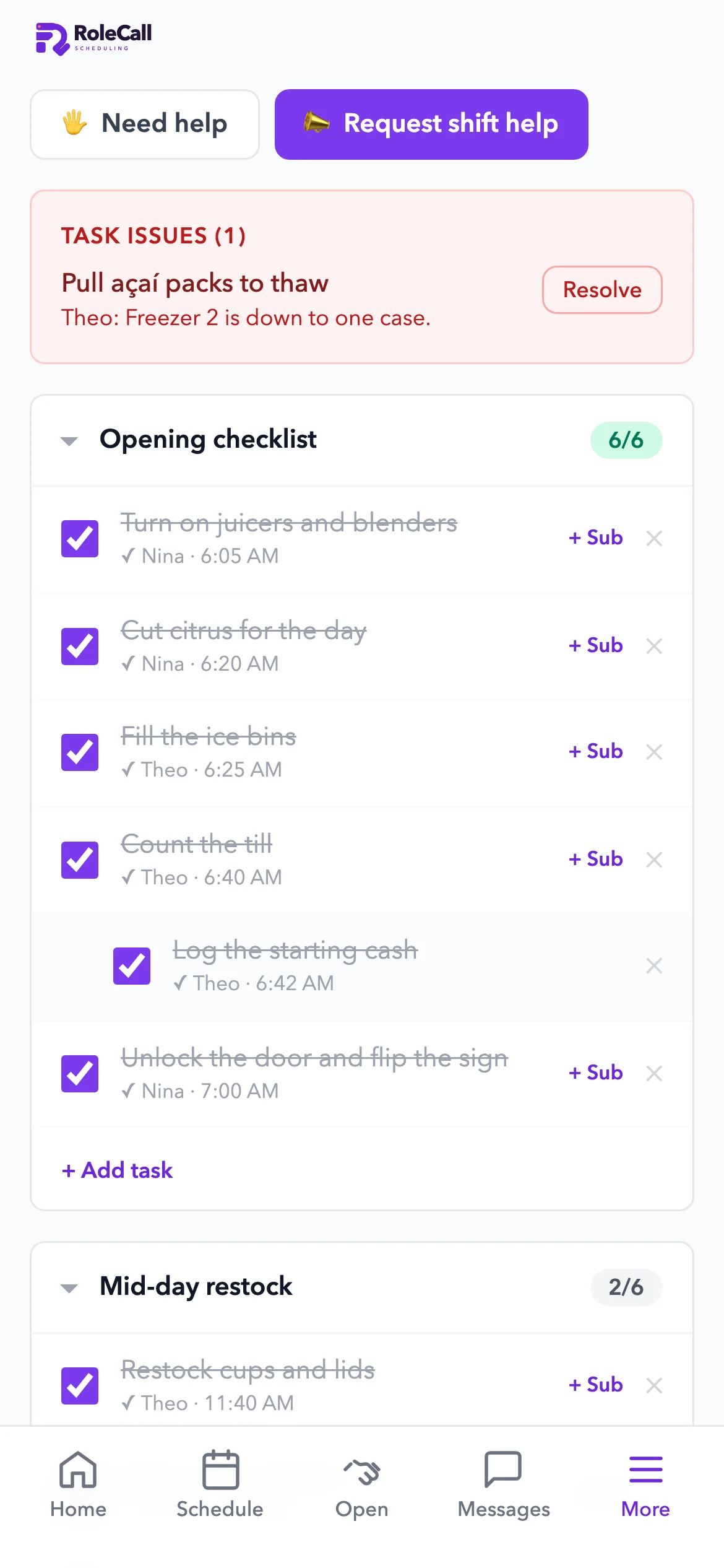 Today's checklists on iPhone, with who checked each task and when, and a task issue sent to managers