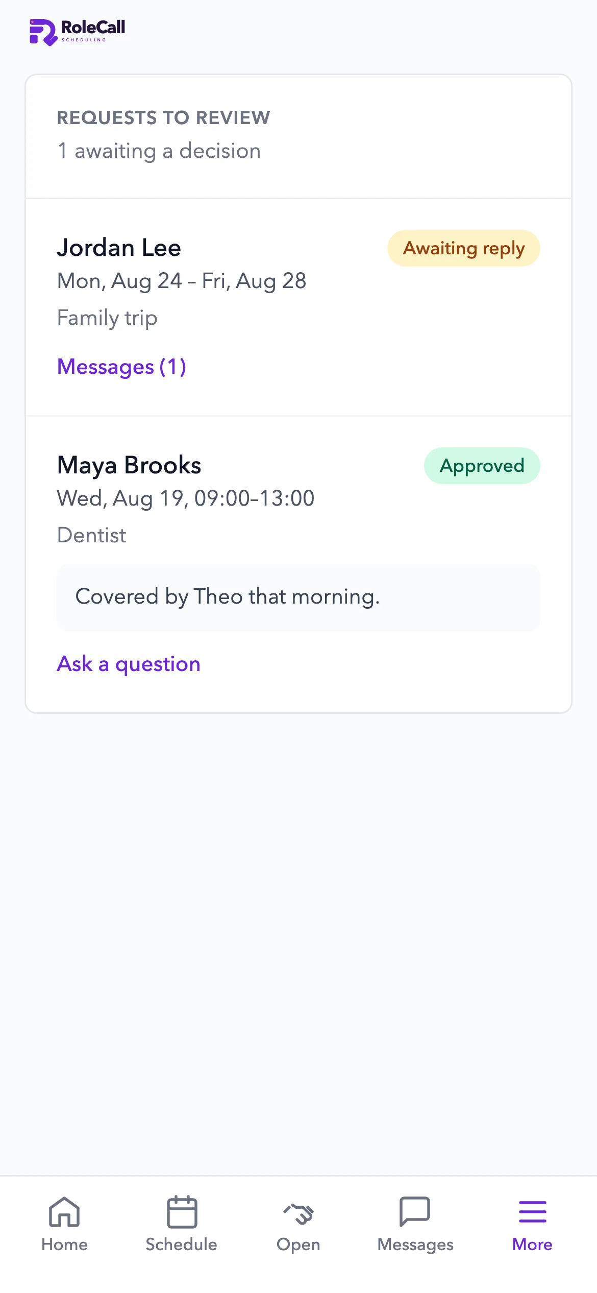 Time-off requests on iPhone awaiting a decision