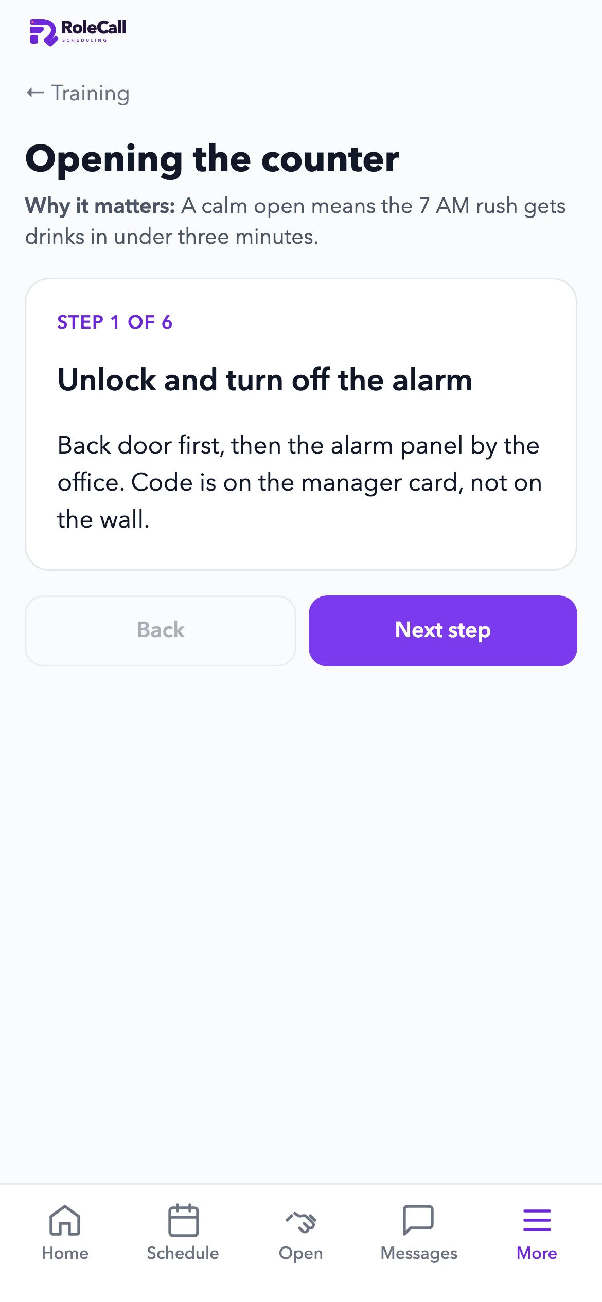A training step on iPhone: Opening the counter, step 1 of 6