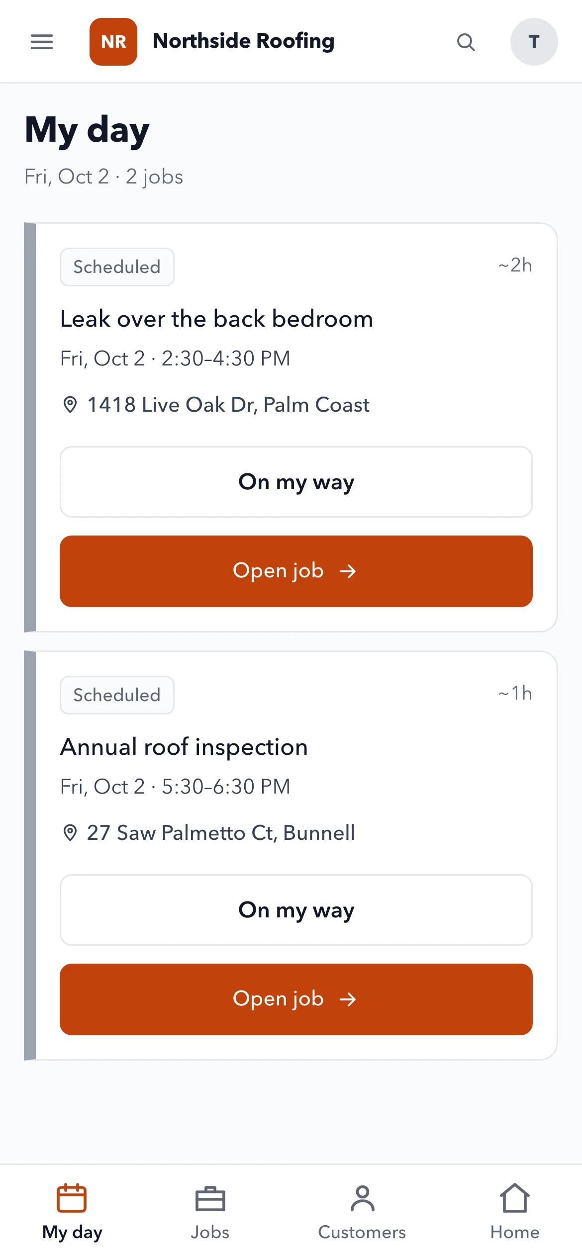 A technician's day on iPhone, with On my way and Open job buttons